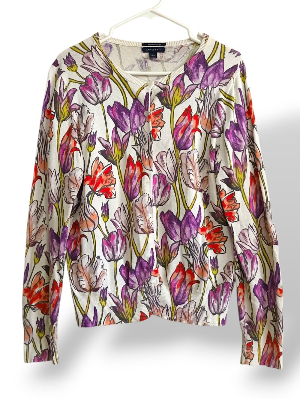 Lands' End Knit Tulips Cardigan saturated Floral Button Down Soft Pink Purple